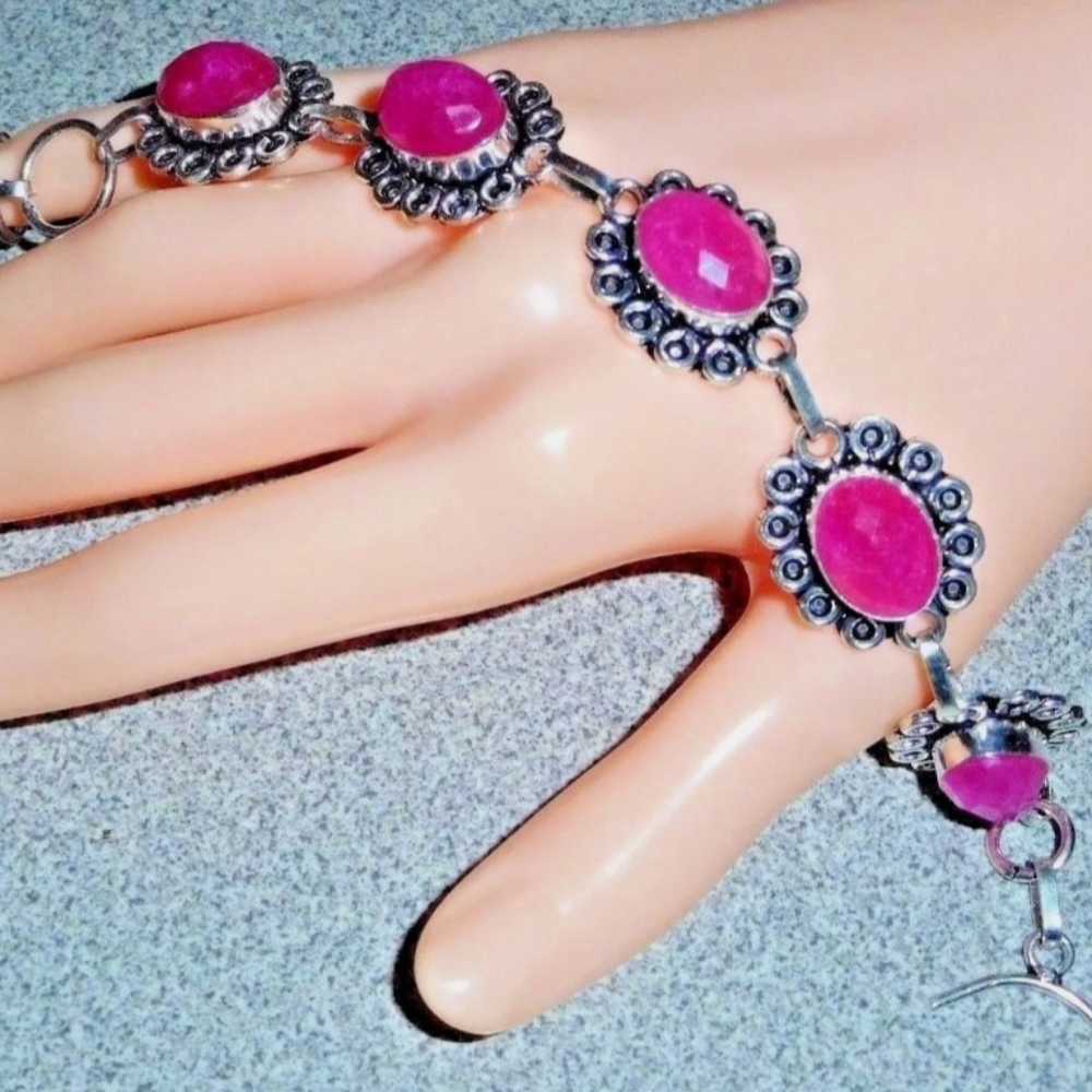 Natural Raw Cut Ruby 925 Silver Bracelet